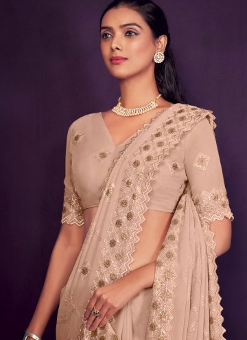 Georgette Designer Saree in Peach Enhanced with Embroidered