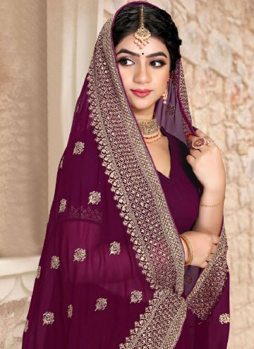 Georgette Designer Saree in Wine Enhanced with Embroidered