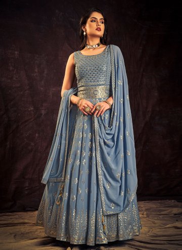 Georgette Gown in Aqua Blue Enhanced with Mirror Work