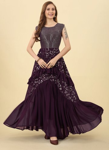 Georgette Gown in Purple Enhanced with Embroidered