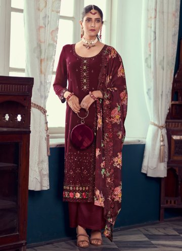 Georgette Pakistani Suit in Wine Enhanced with Emb