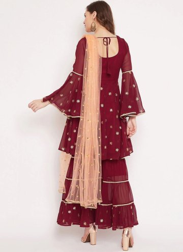Georgette Palazzo Suit in Maroon Enhanced with Embroidered