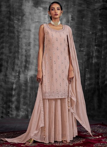 Georgette Palazzo Suit in Peach Enhanced with Mirror Work