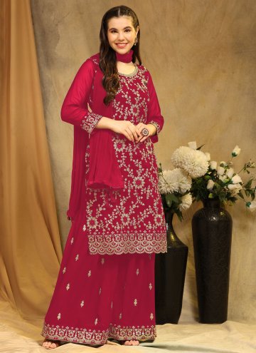 Georgette Palazzo Suit in Red Enhanced with Embroi