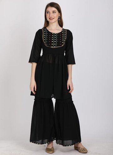 Georgette Party Wear Kurti in Black Enhanced with Embroidered