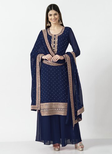 Georgette Salwar Suit in Navy Blue Enhanced with D