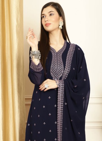 Georgette Salwar Suit in Navy Blue Enhanced with Embroidered