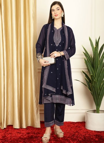 Georgette Salwar Suit in Navy Blue Enhanced with Embroidered