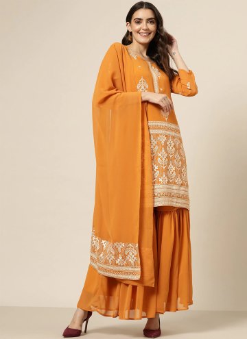 Georgette Salwar Suit in Orange Enhanced with Foil Print