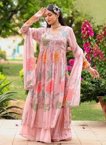 Georgette Salwar Suit in Pink Enhanced with Mirror