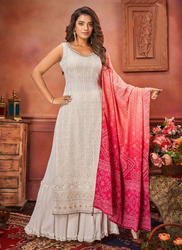 Georgette Salwar Suit in White Enhanced with Embro