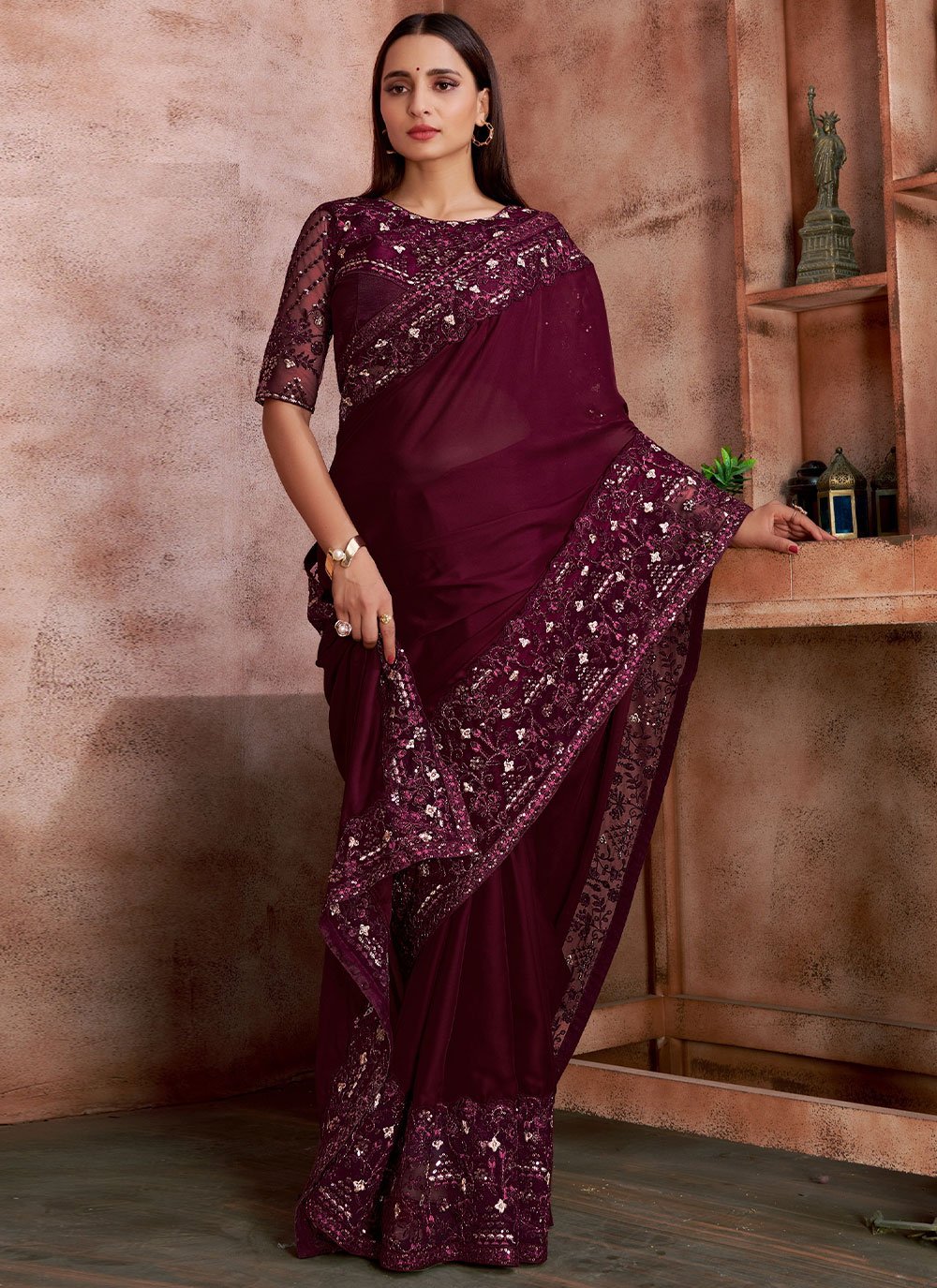 Georgette Satin Contemporary Saree in Wine Enhanced with Cord