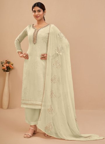 Georgette Straight Salwar Kameez in Off White Enhanced with Embroidered
