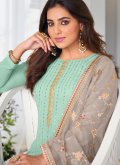 Georgette Straight Salwar Kameez in Sea Green Enhanced with Embroidered - 1