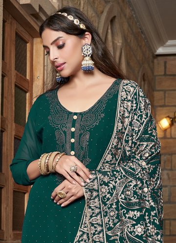 Georgette Trendy Salwar Kameez in Green Enhanced with Diamond Work