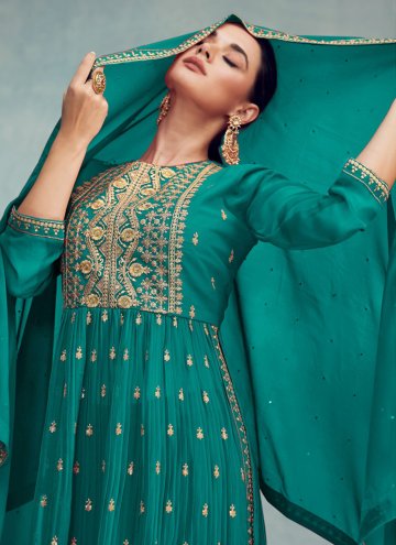 Georgette Trendy Salwar Kameez in Green Enhanced with Embroidered