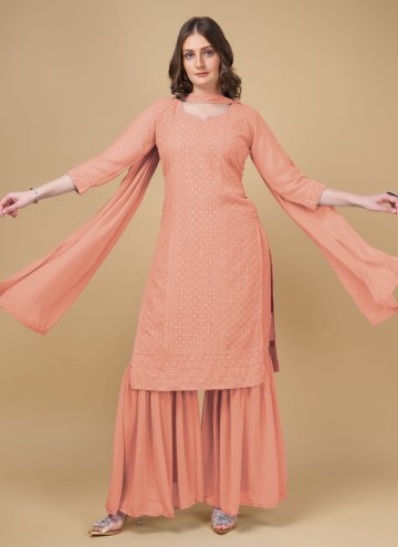 Georgette Trendy Salwar Kameez in Orange Enhanced with Embroidered