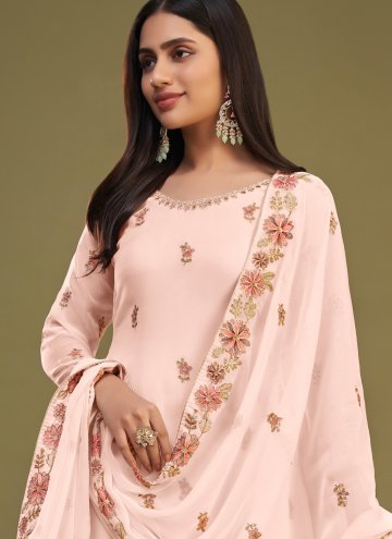 Georgette Trendy Salwar Kameez in Peach Enhanced with Embroidered