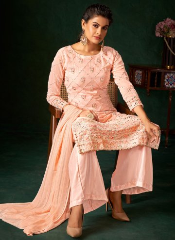 Georgette Trendy Salwar Kameez in Peach Enhanced with Embroidered