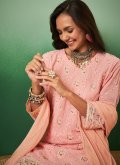Georgette Trendy Salwar Kameez in Peach Enhanced with Embroidered - 1