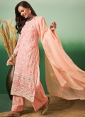 Georgette Trendy Salwar Kameez in Peach Enhanced with Embroidered - 3