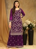 Georgette Trendy Salwar Kameez in Purple Enhanced with Embroidered - 3