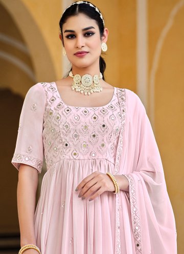 Georgette Trendy Salwar Kameez in Rose Pink Enhanced with Embroidered
