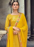 Georgette Trendy Salwar Kameez in Yellow Enhanced with Embroidered - 1