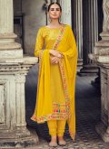 Georgette Trendy Salwar Kameez in Yellow Enhanced with Embroidered - 2