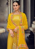 Georgette Trendy Salwar Kameez in Yellow Enhanced with Embroidered - 3