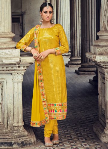 Georgette Trendy Salwar Kameez in Yellow Enhanced with Embroidered