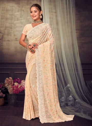 Georgette Trendy Saree in Cream Enhanced with Embroidered
