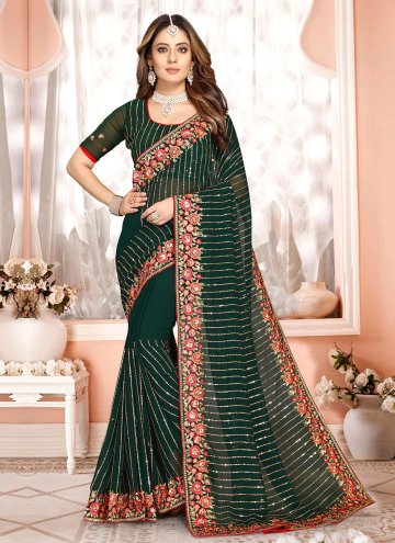 Georgette Trendy Saree in Green Enhanced with Embr