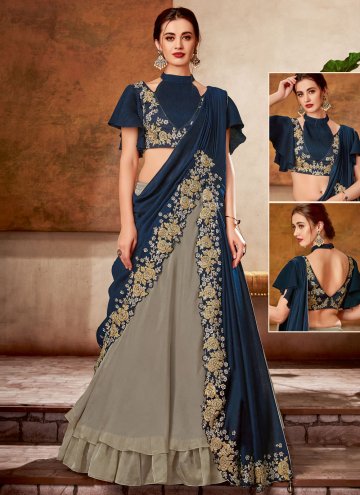 Georgette Trendy Saree in Grey and Navy Blue Enhanced with Embroidered