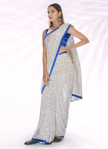 Georgette Trendy Saree in Off White Enhanced with Embroidered