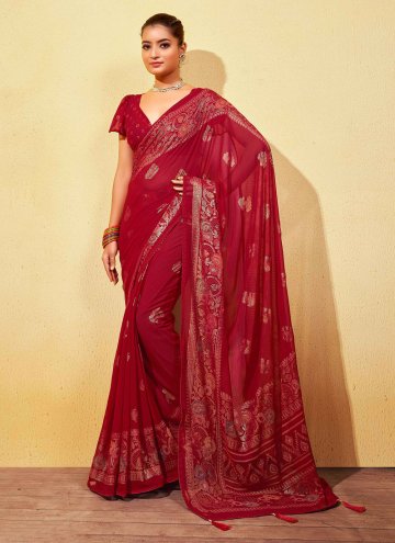 Georgette Trendy Saree in Red Enhanced with Foil Print
