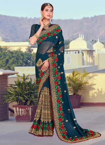 Georgette Trendy Saree in Teal Enhanced with Embro