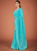 Georgette Trendy Saree in Turquoise Enhanced with Lucknowi Work - 2