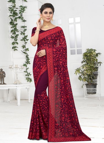 Georgette Trendy Saree in Wine Enhanced with Embroidered