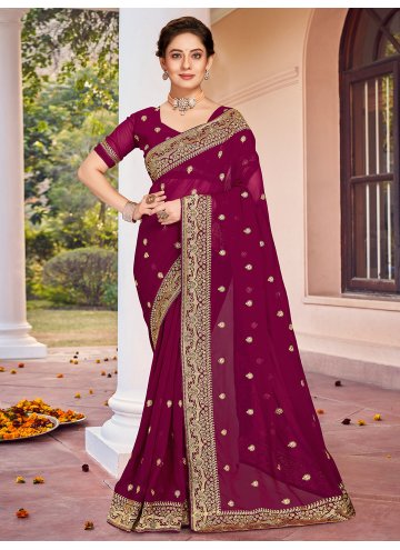 Georgette Trendy Saree in Wine Enhanced with Embro