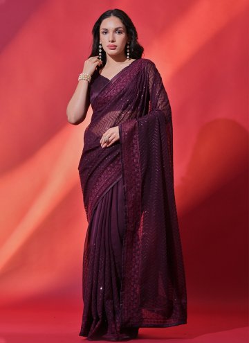 Georgette Trendy Saree in Wine Enhanced with Embro
