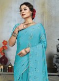 Glorious Aqua Blue Chiffon Embroidered Trendy Saree - 1