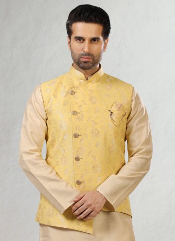 Glorious Beige and Yellow Banarasi Jacquard Work Kurta Payjama With Jacket