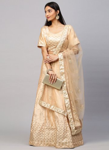 Glorious Beige Satin Embroidered A Line Lehenga Choli for Party