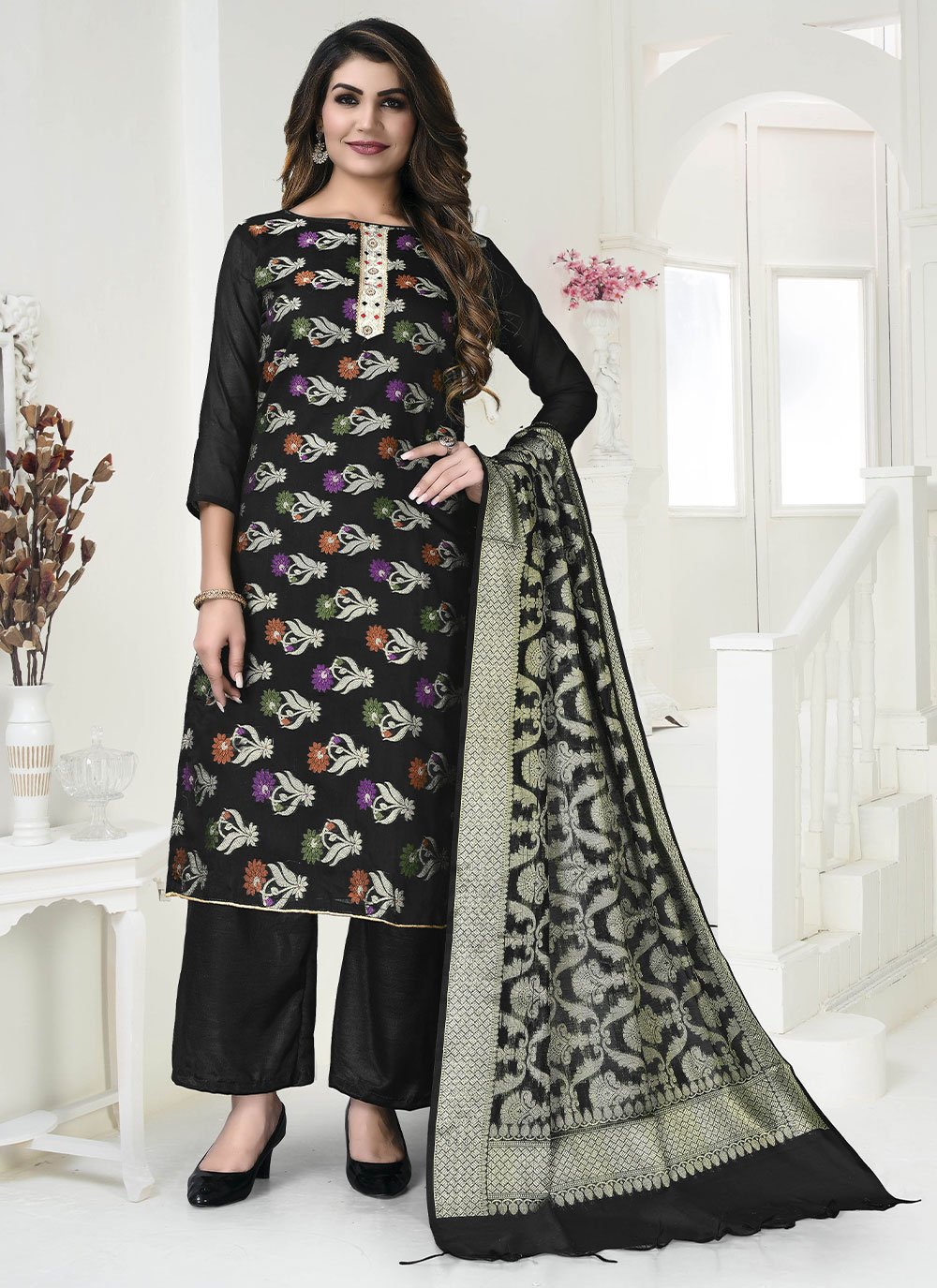 Glorious Black Banarasi Jacquard Woven Salwar Suit