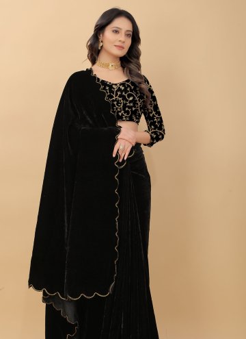 Glorious Black Velvet Embroidered Designer Saree