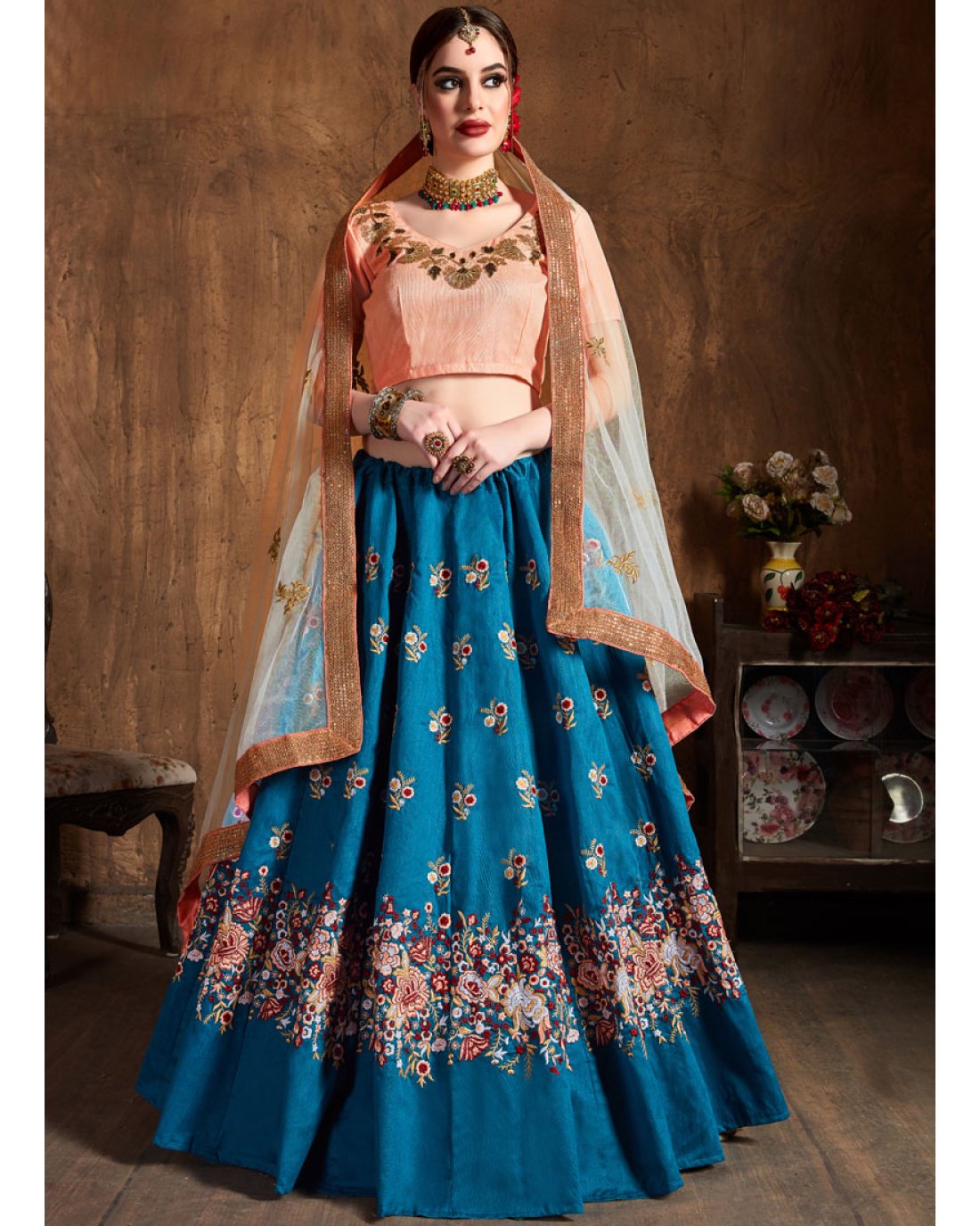 Glorious Blue Raw Silk Embroidered Lehenga Choli for Bridal