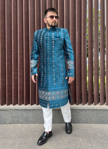 Glorious Blue Velvet Embroidered Sherwani for Ceremonial