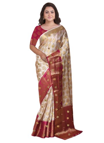Glorious Cream Kanjivaram Silk Embroidered Classic Designer Saree for Engagement