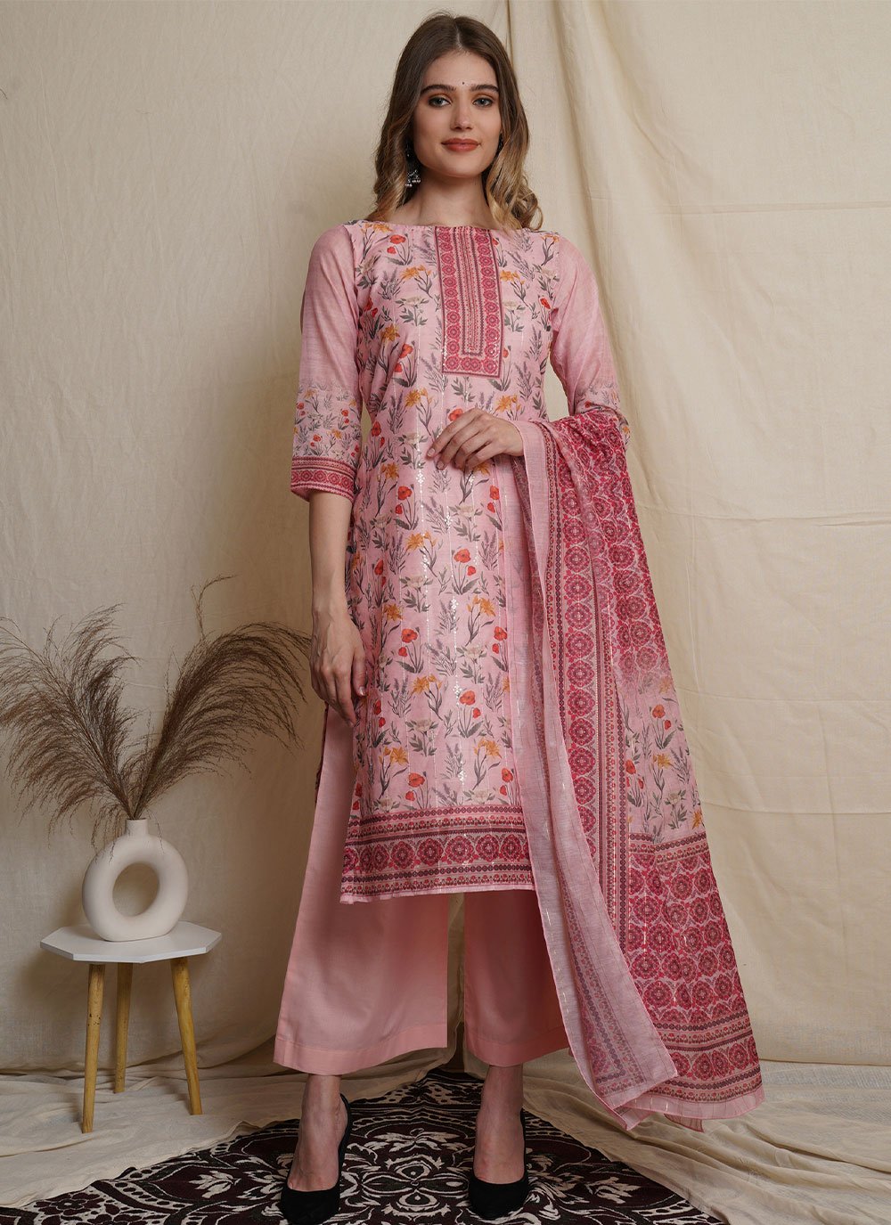 Glorious Digital Print Chanderi Pink Designer Straight Salwar Suit